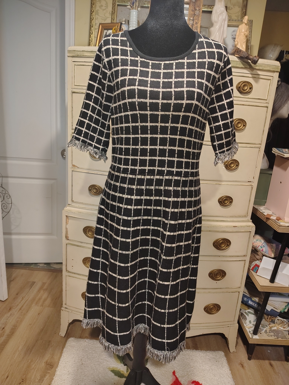 Nina Leonard Black and Cream Grid-Pattern Midi Dress